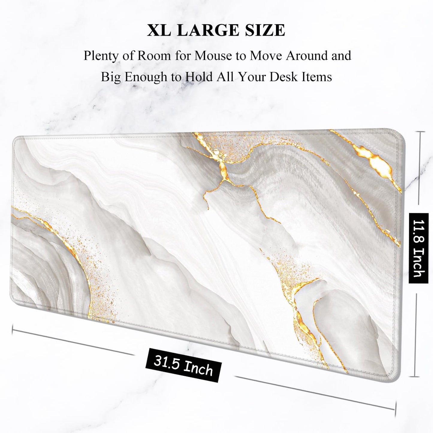 Auhoahsil Large Mouse Pad, XXL Gaming Mousepad, Desk Mat for Desktop, Thick Rubber, Big & Long Size, Stitched Edges, Full Desk Pad for Laptop & Computer, Extended 31.5 x 11.8 in, Gold Gray Marble