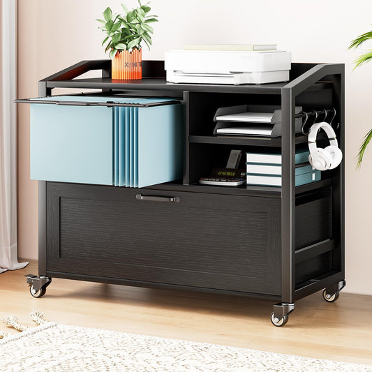 HSH Rolling Lateral File Cabinet with Storage Drawer, Black Mobile Filing Cabinet for Legal/Letter Size, Wood Metal Printer Stand with Shelves, Wheels & Hanging File Folder for Home Office Desk, 33 In