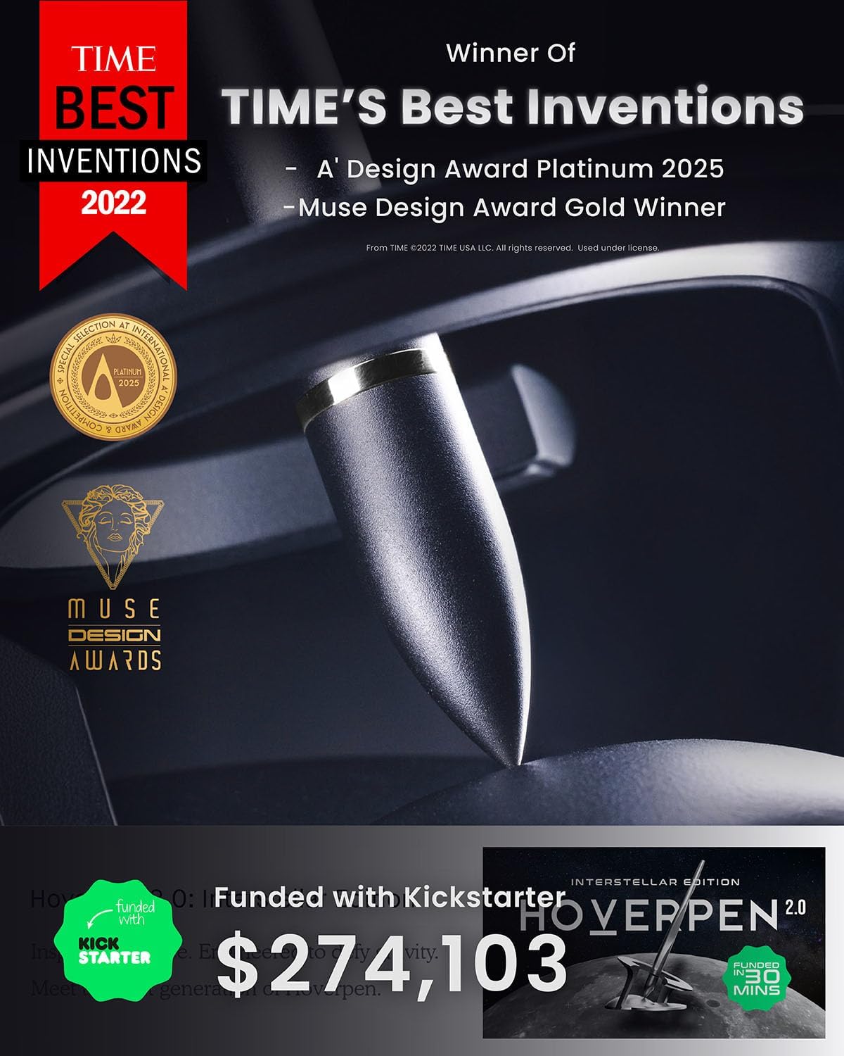 Novium Hoverpen 2.0 Interstellar Edition - Space Black, Unisex, Ballpoint Pen, 23.5 Degree Angle, Schmidt Ballpoint Refill, No Spills, No Spotting, No Explosions