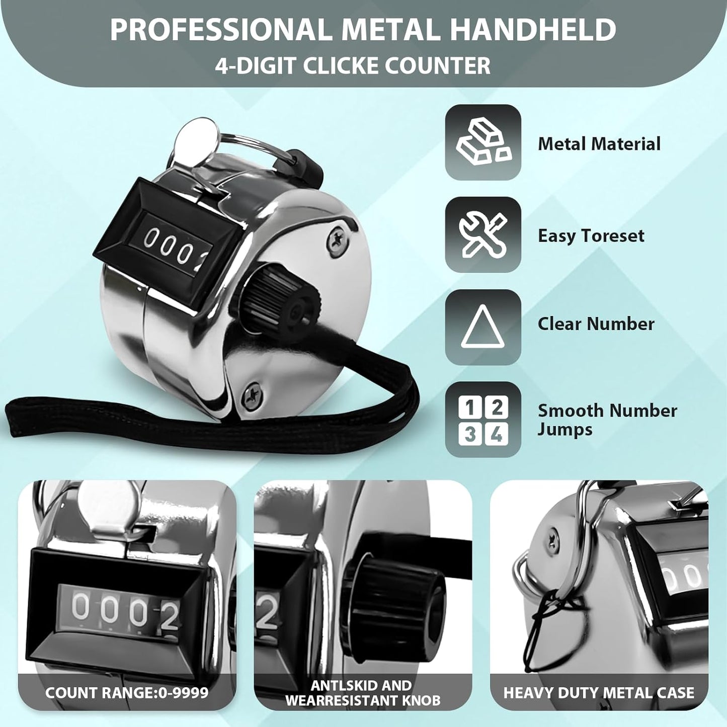 6 Pack Clicker Counter,Metal Hand Tally Counters Clicker with Black Nylon Lanyard,4 Digit Display Pitch Counter for Knitting,Coaching,Golf,Lap,Fishing,Umpire,Baseball,Row Sport