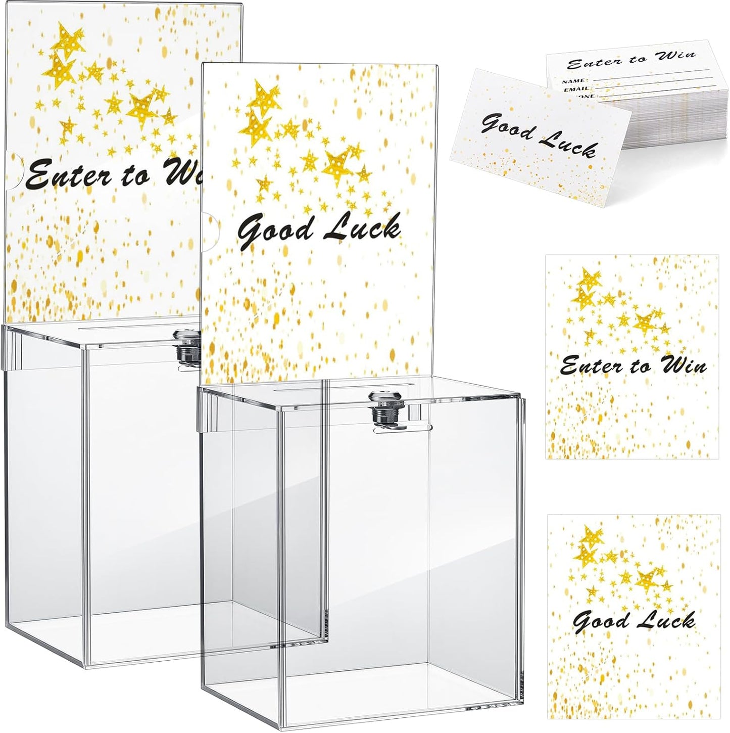 Teling 2 Pcs Tall Acrylic Donation Box with Lock and Sign Plate 6.7 x 5 x 8 Inches Safe Suggestion Box and 200 Pcs Raffle Tickets Cards for Voting, Charity, Collection Supplies(Clear)