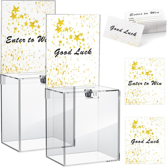 Teling 2 Pcs Tall Acrylic Donation Box with Lock and Sign Plate 6.7 x 5 x 8 Inches Safe Suggestion Box and 200 Pcs Raffle Tickets Cards for Voting, Charity, Collection Supplies(Clear)