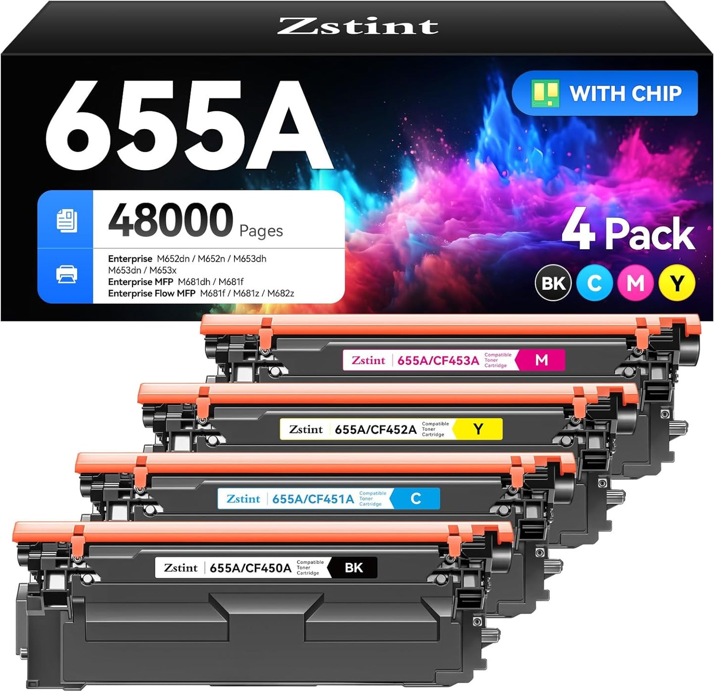 655A Toner Cartridge set 4-Pack Replacement for HP 655A CF450A CF451A CF452A CF453A Compatible with HP Color LaserJet Enterprise Flow MFP M681f M682z M652n M653dh Printer Ink Black Cyan Magenta Yellow