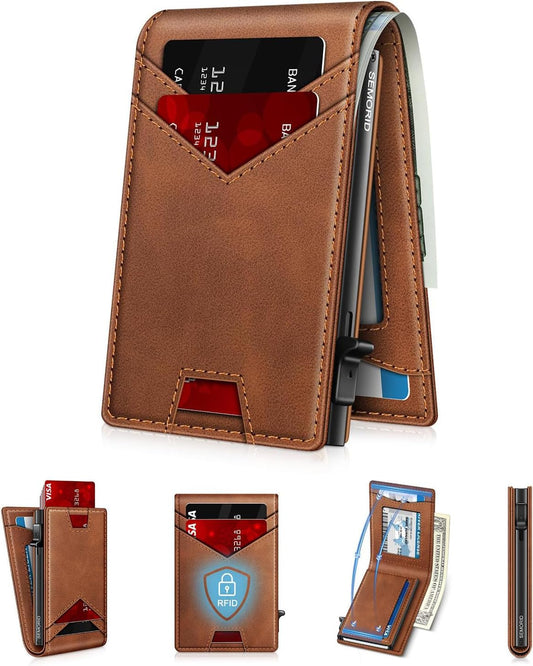 Wallet for Men Wallet with Slim Pop Up Card Holder for 12-14 Cards, RFID Blocking Bifold Minimalist Smart Wallet, Credit Card Holder with ID Window & Cash Slot, Compact Metal Card Case, Gifts for Men