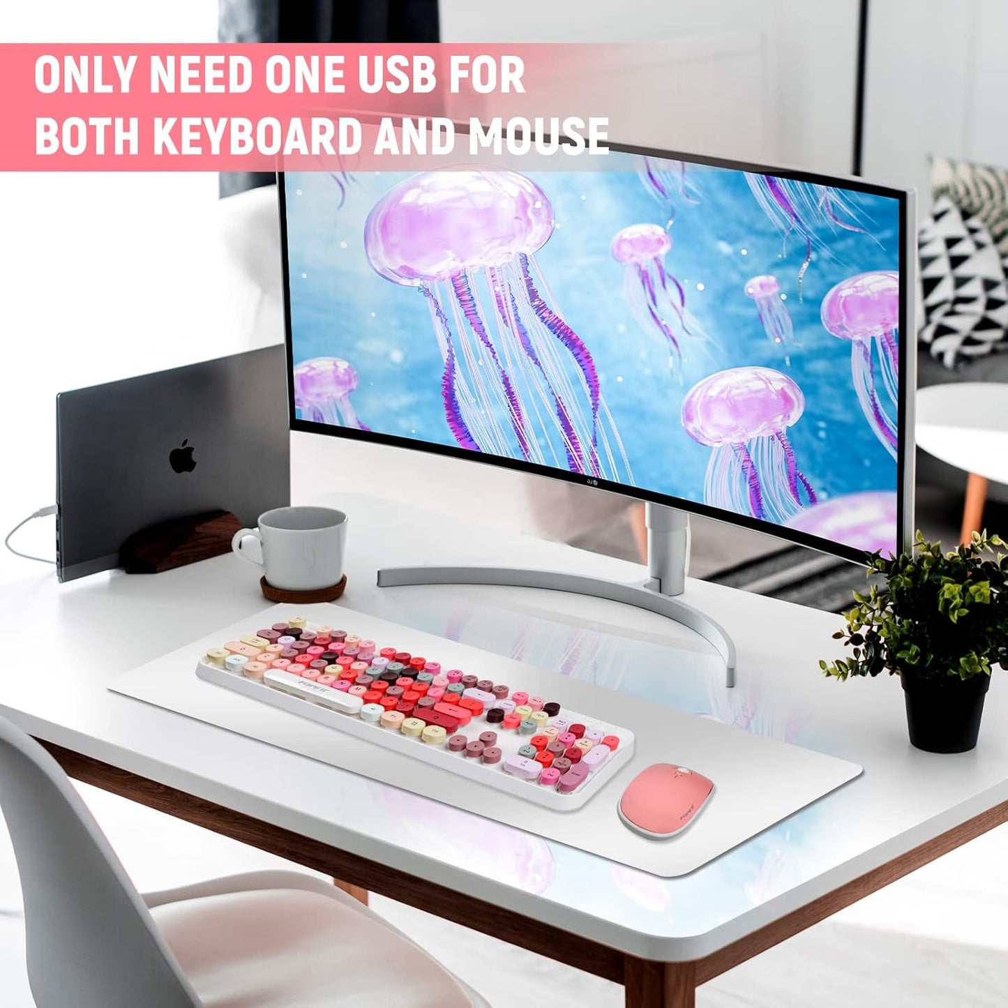 FOPETT Wireless Keyboard and Mouse Sets,Reliable 2.4 GHz Connectivity for PC,Laptop,Smart TV and More (White Colorful)