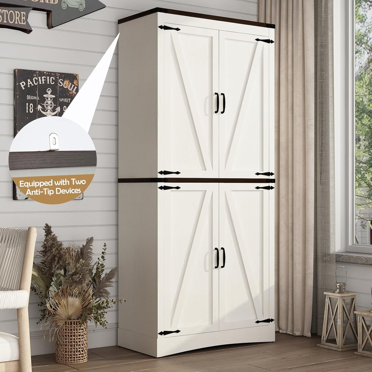 71in Farmhouse Kitchen Pantry Cabinet,Tall Storage Cabinet with 4 Doors and Adjustable shelves,with Load-Bearing Steel Pipe,Wood Storage Cabinets for Kitchen,Dining Room,Bathroom(White)