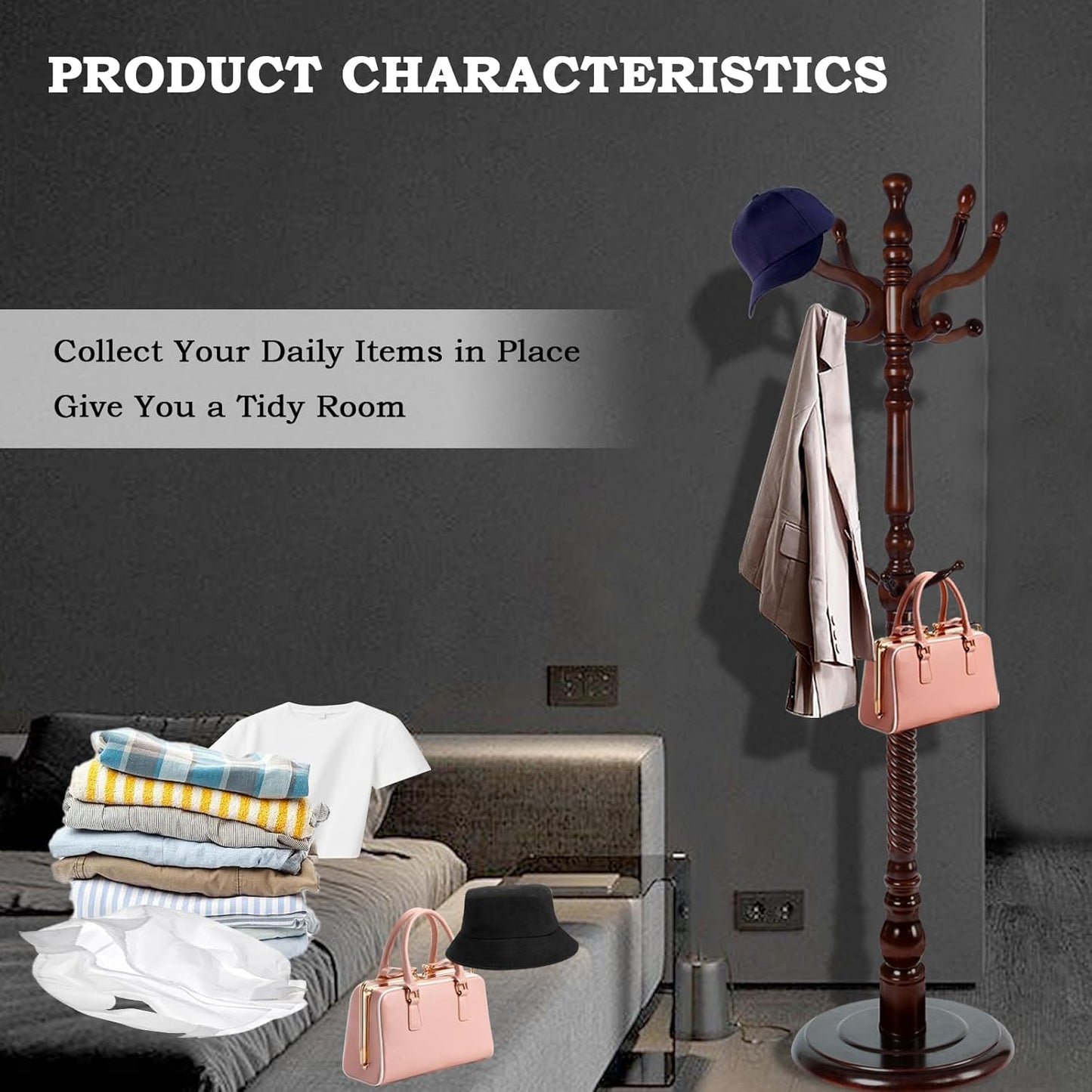 Coat Racks FreeStanding with 11 Hooks, Natural Wood Coat Rack with Solid Round Base, Adjustable Height Coat Racks, Easy Assembly for Hallway, Bedroom and Office (Walnut-Solid Round Base)