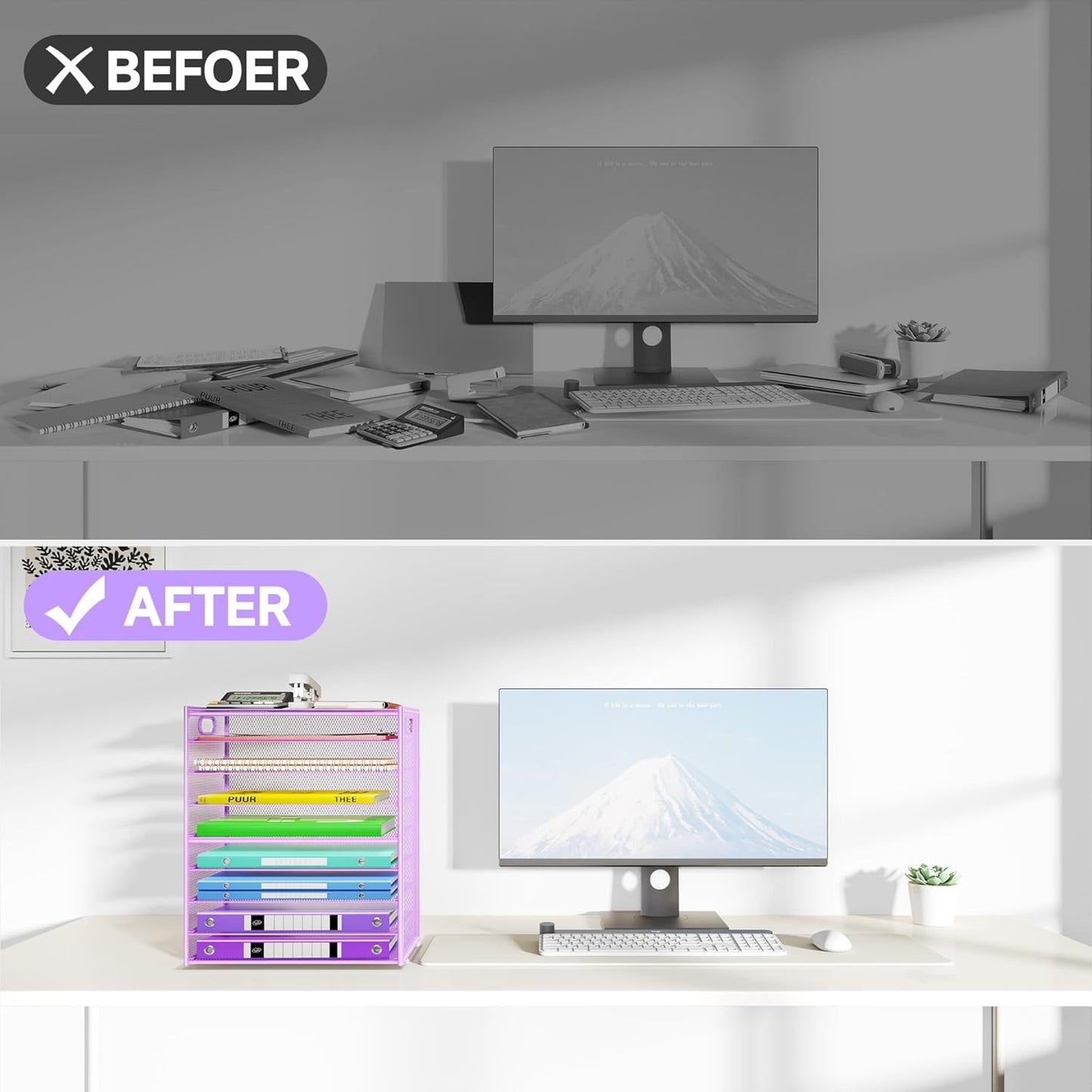 9 Tier Paper Organizer with Handle, Large Capacity Desk Organizer Mesh Paper Letter Tray File Folder Document Sorter for Classroom and Office Accessories Organization- Purple (2 Pack)