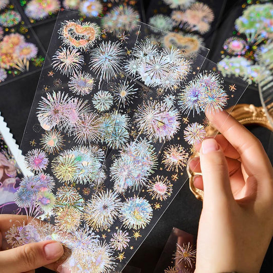 12 Sheets Fireworks Landscape Stickers for Scrapbooking Scrapbook Stickers Aesthetic Glitter Sticker Sets PET Transparent Sticker for Journaling Journal Supplies Decals for Scarp Booking Supples Kit