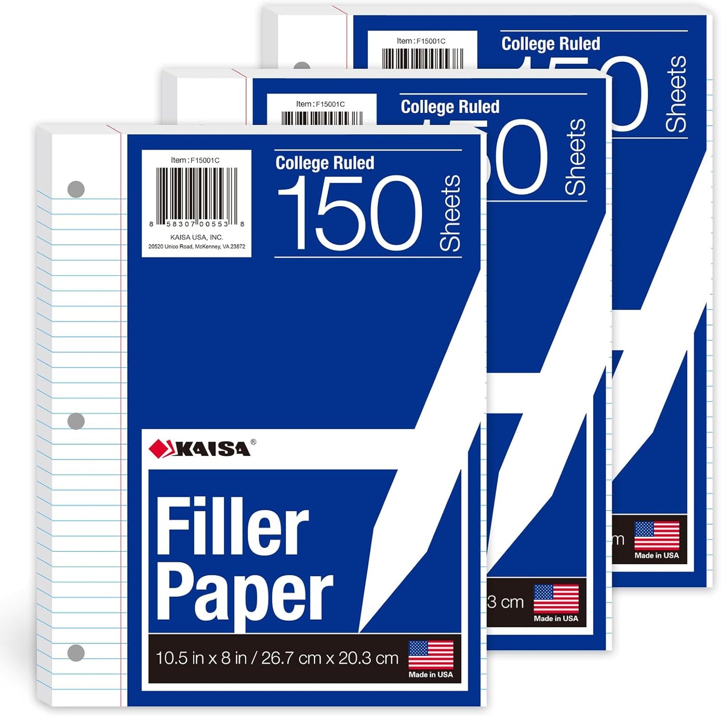 Kaisa3 Pack Notebook Paper College Ruled 3-Hole Punched Loose Leaf Paper 8x10.5 Lined Paper College Ruled Filler Paper for 3-Ring Binder Paper 150 Sheets/Pack (3 Pack-college) F15001C-3pk