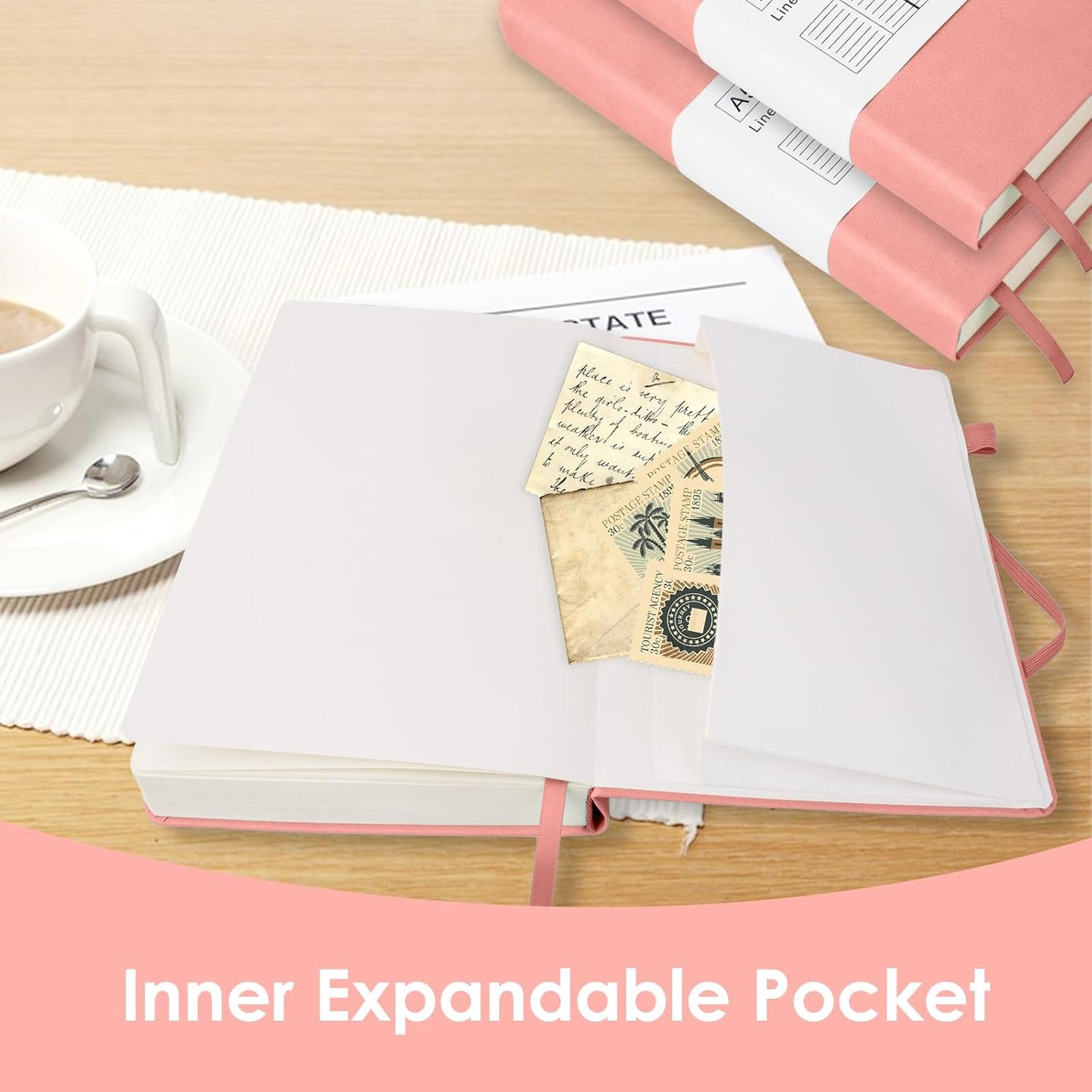 Journals for Writing, A5 Leather Ruled Notebook with 400 Pages, 100 Gms College Ruled Journal with Thick Paper, Hardcover with Inner Pocket & Pen Holder, Pink