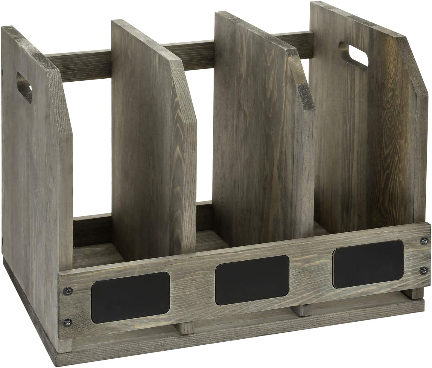 MyGift Vintage Gray Solid Wood Magazine Holder with 3 Compartments and Chalkboard Label, Office Home Desktop Document Organizer, Desk File Folder and Binder Rack