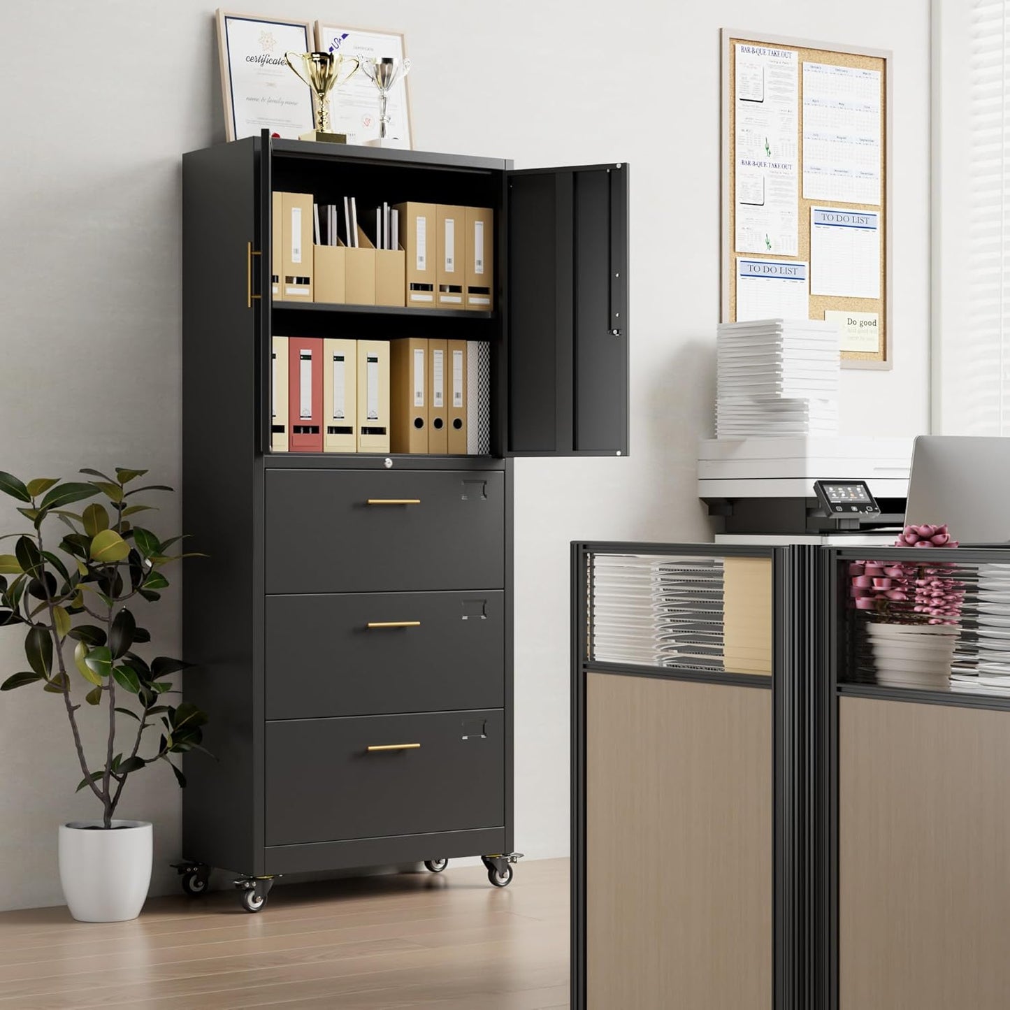 Aobabo Metal 3 Drawers Lateral File Storage Cabinet and Unit Adjustable Shelf Organizer, Steel Files Cabinet with Wheels, 2 Door Storage for Office Legal/Letter A4 Size, Assembly Required, Black