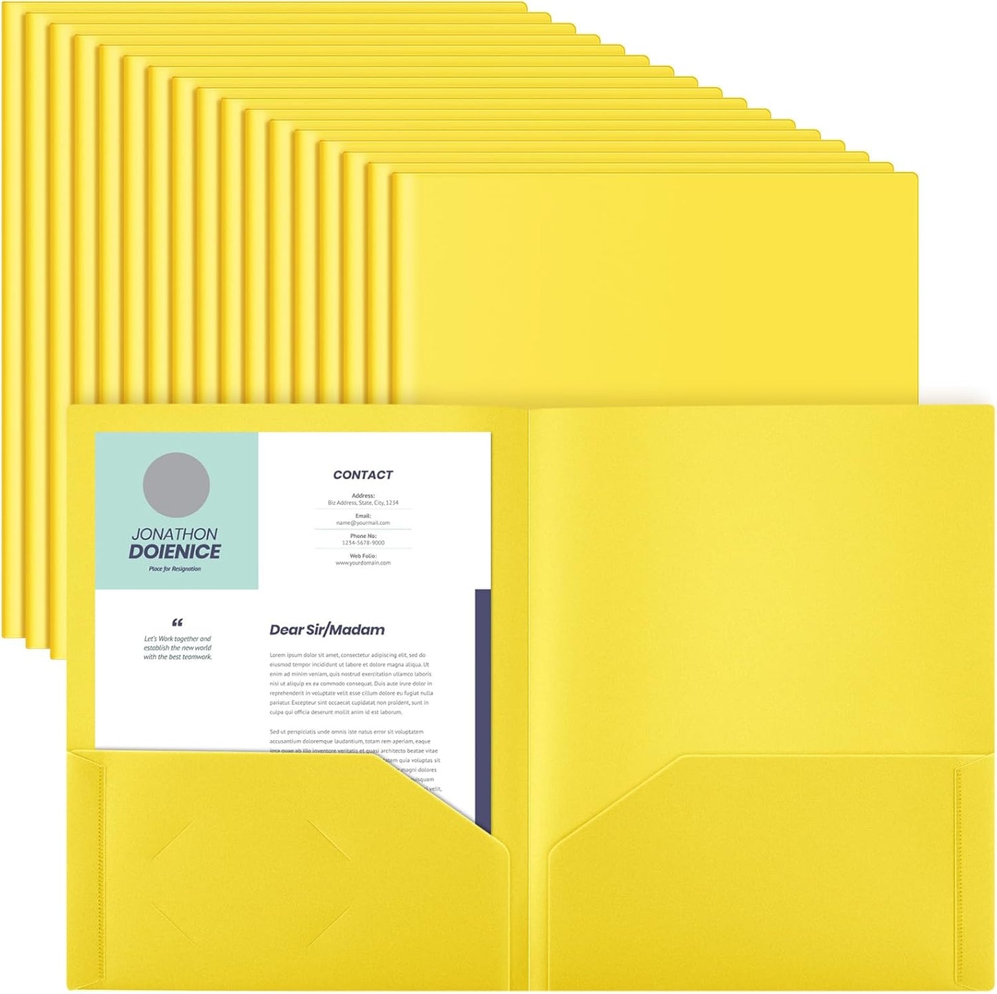 Gueevin 50 Pcs Plastic Folders with Pockets, Back to School Two Pocket Folder Fit Letter Size, Heavy Duty School Business Card Holder for Home Office, 11. 61 x 9. 45 Inches (Yellow)