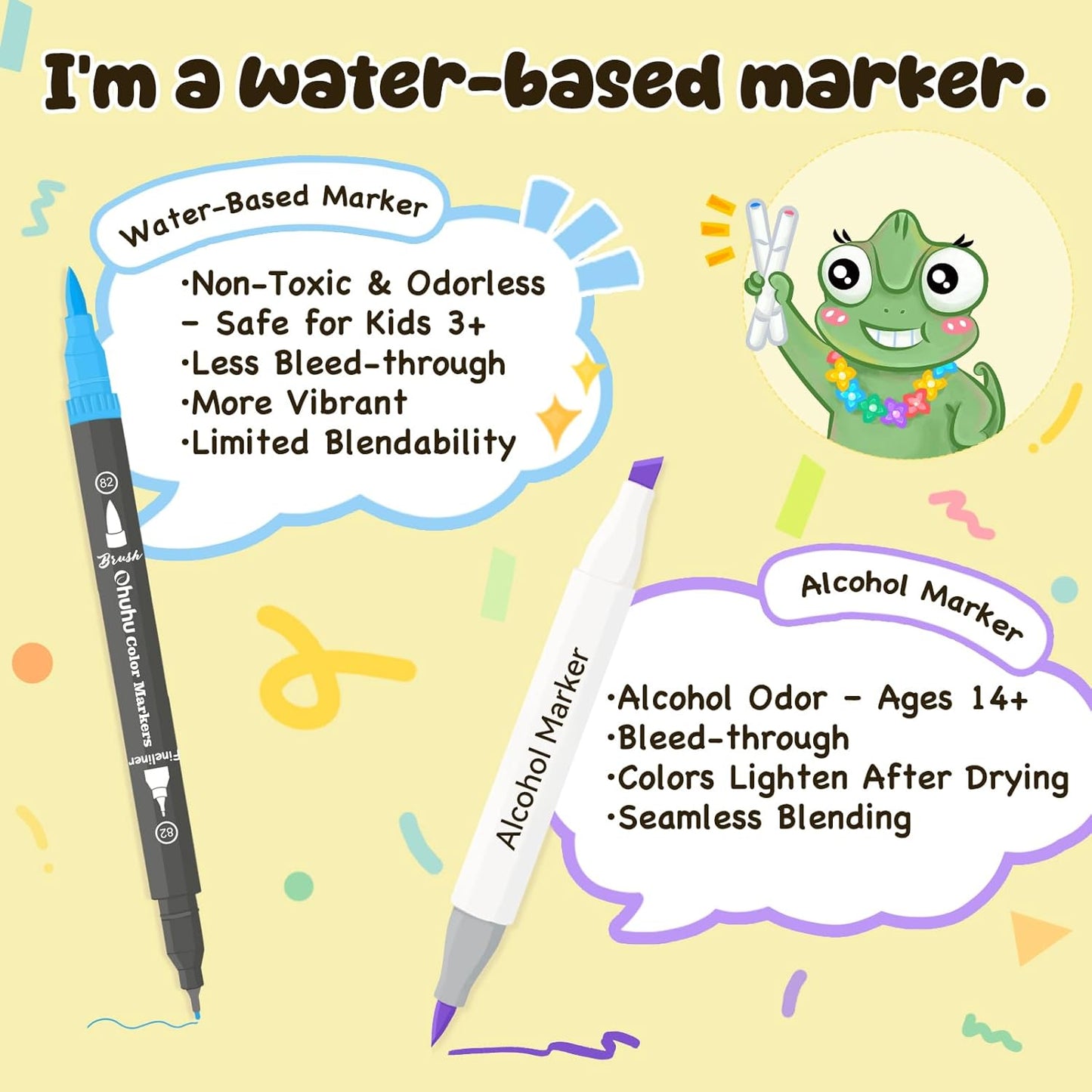 Ohuhu Markers for Adult Coloring Books: 120 Colors Brush Pens Dual Brush Fine Tip Drawing Pens Water-Based Coloring Markers for Calligraphy Bullet Journal with Carrying Case - Maui - Black