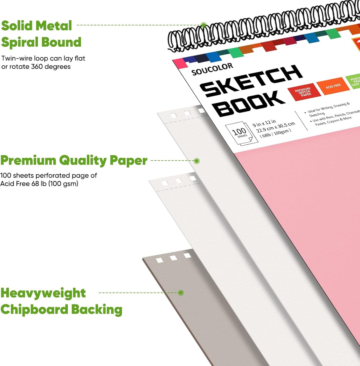 Soucolor Art Supply Set - Sketching & Drawing Kit, 9" x 12" Sketch Book, 2-Pack 100 Sheets Spiral Bound Art Sketchbook, Acid Free