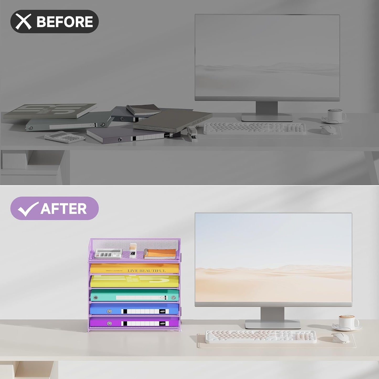 6 Tier Paper Organizer with Handle, Metal Desk Organizer Mesh Paper Letter Tray Desktop File Folder Document Sorter for Classroom, School, Office Accessories Organization and Storage - Purple