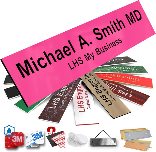 Door Name Plate Personalized for Office Pink Plastic Name Plate Black Letters - Made in USA 2x4 B12