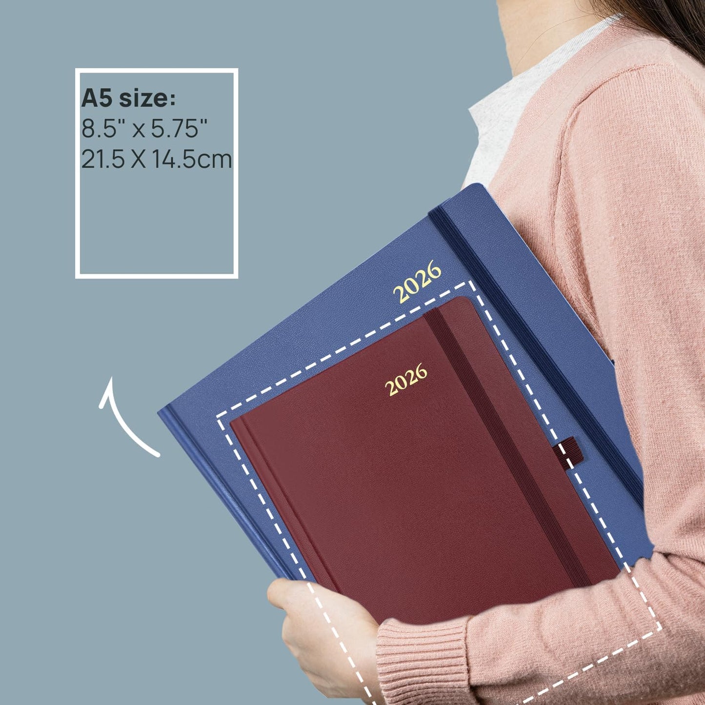 POPRUN 2026 Daily Planner One Page Per Day A5 Size Calendar (5.75" x 8.5") - 12 Months Hourly Appointment Book with Hardcover, Pocket, Pen Holder - Burgundy