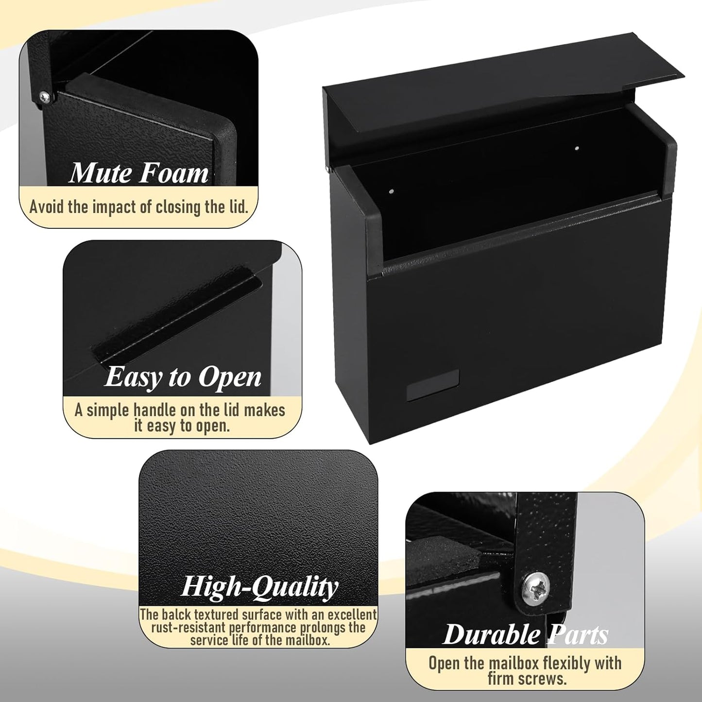 xydled Mailbox Wall Mount Mailboxes for Outside, Large Capacity Steel Hanging Metal Mailbox, Modern Post Box, Black,14.6''x12.2''x4.1''