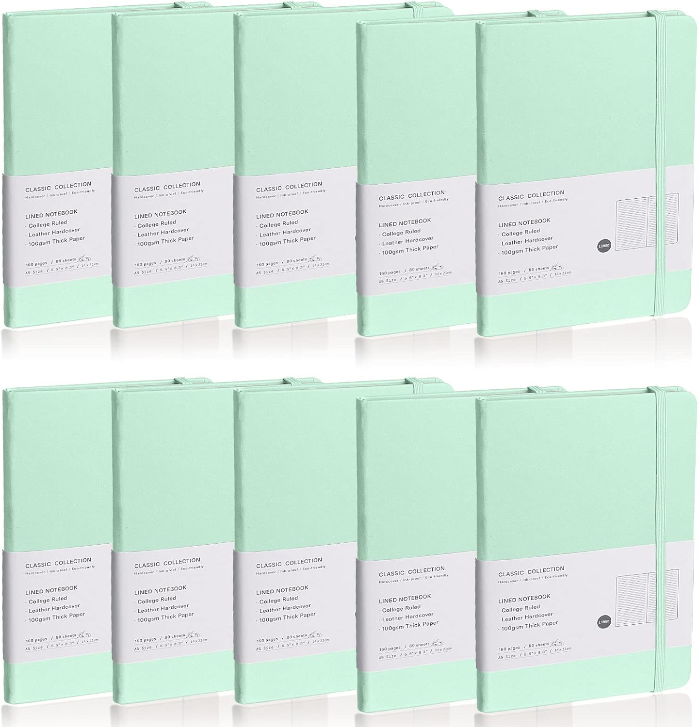 Lined Journal Notebook, 10Pack(Eggshell Green), 160 Pages, Medium 5.7 inches x 8 inches - 100 gsm Thick Paper, Hardcover