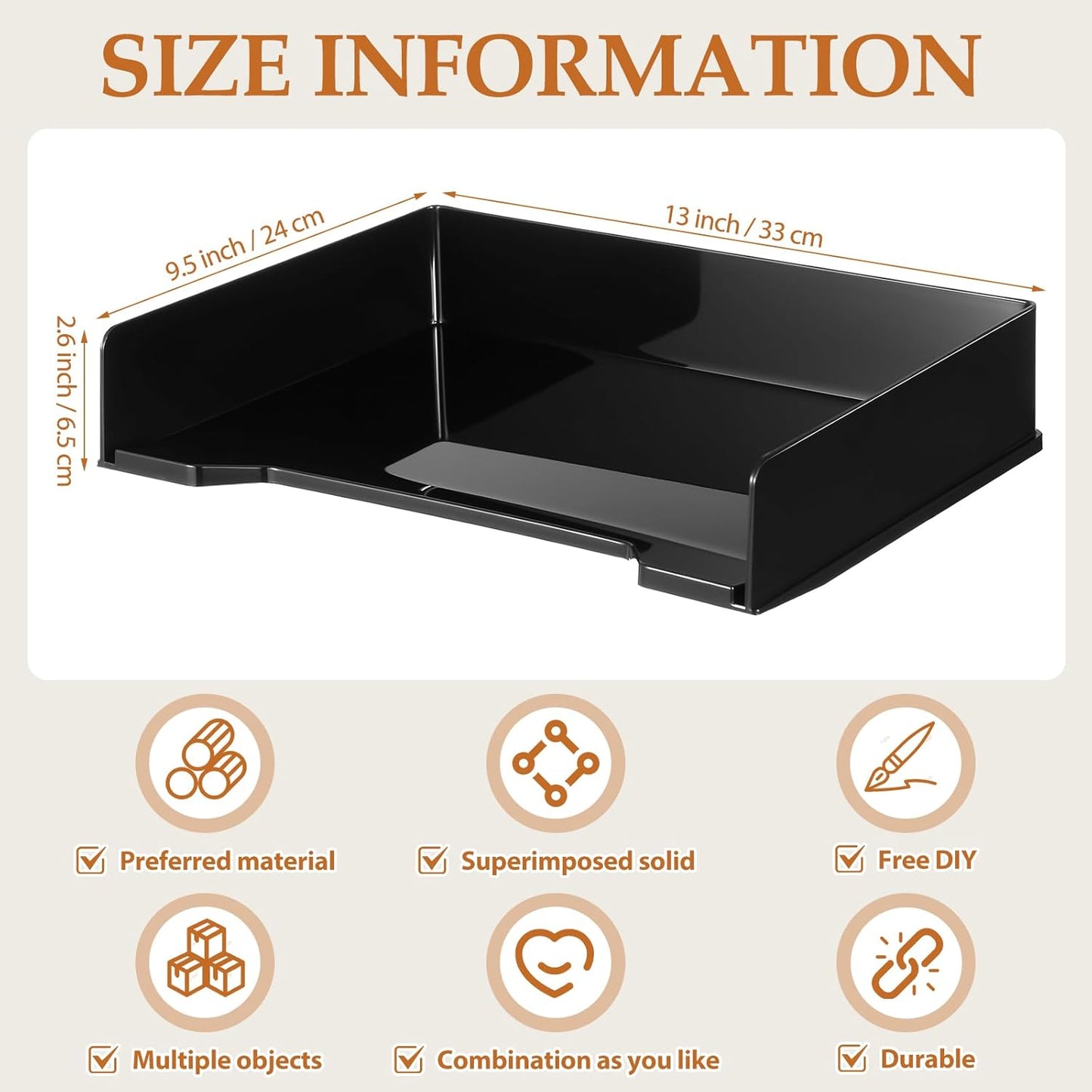 6 Pcs Stackable Letter Tray Rectangular Plastic Desk Organizer 13 x 9.5 x 2.6 in Paper Holder File Tray Accessories Rack for Desktop Office Desk Drawers (Black)