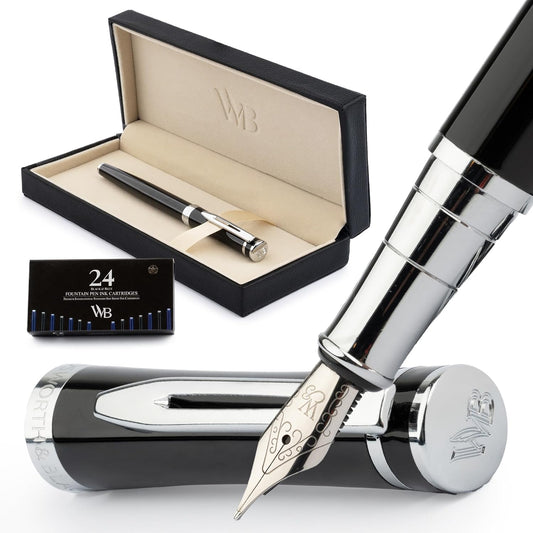 Wordsworth & Black Fountain Pen Set, Medium Nib, Includes 24 Ink Cartridges and Ink Refill Converter, Gift Case, Journaling, Calligraphy, Smooth Writing Pens [Black Chrome], Perfect for Men and Women