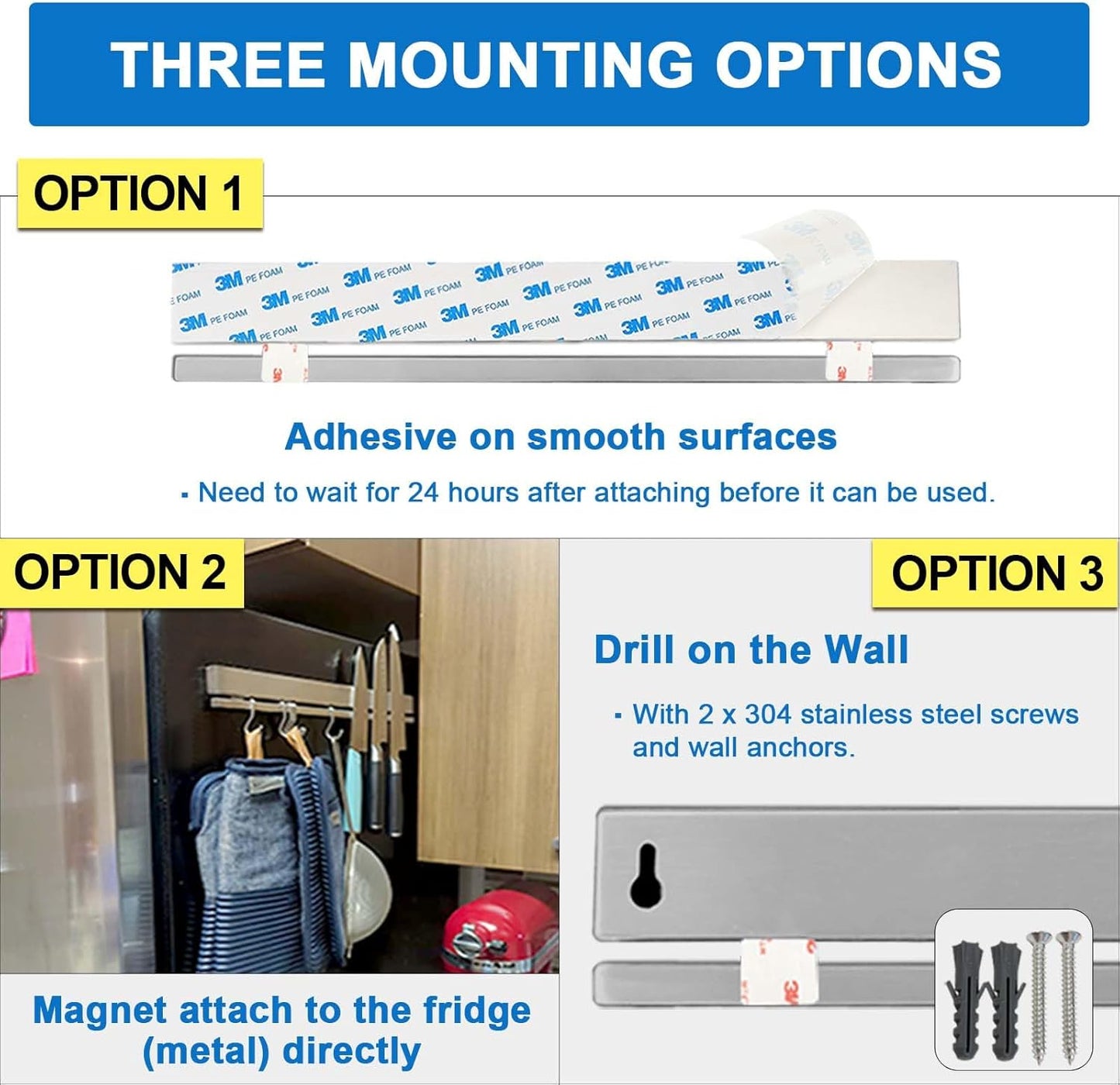 17 Inch Magnetic Knife Holder for Wall No Drill/Drill with 12 Hooks-Strong Adhesive Double Magnetic Bar Knife Magnetic Strip-Kitchen Utensil Holder-304 Stainless Steel Magnetic Knife Block