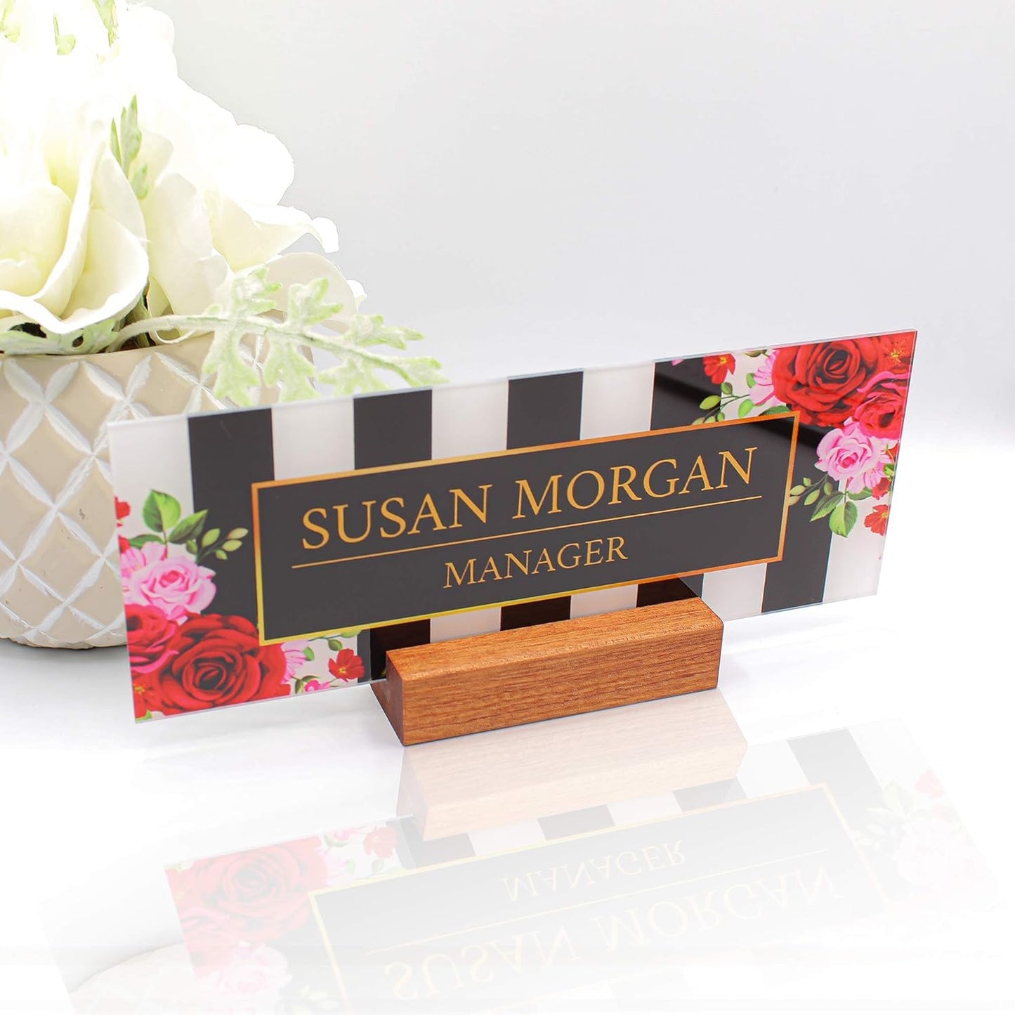 Office Desk Name Plate Personalized | Custom Name Plates for Desks | Flowers Design On Clear Acrylic Glass | Office Desk Décor | Flower Floral