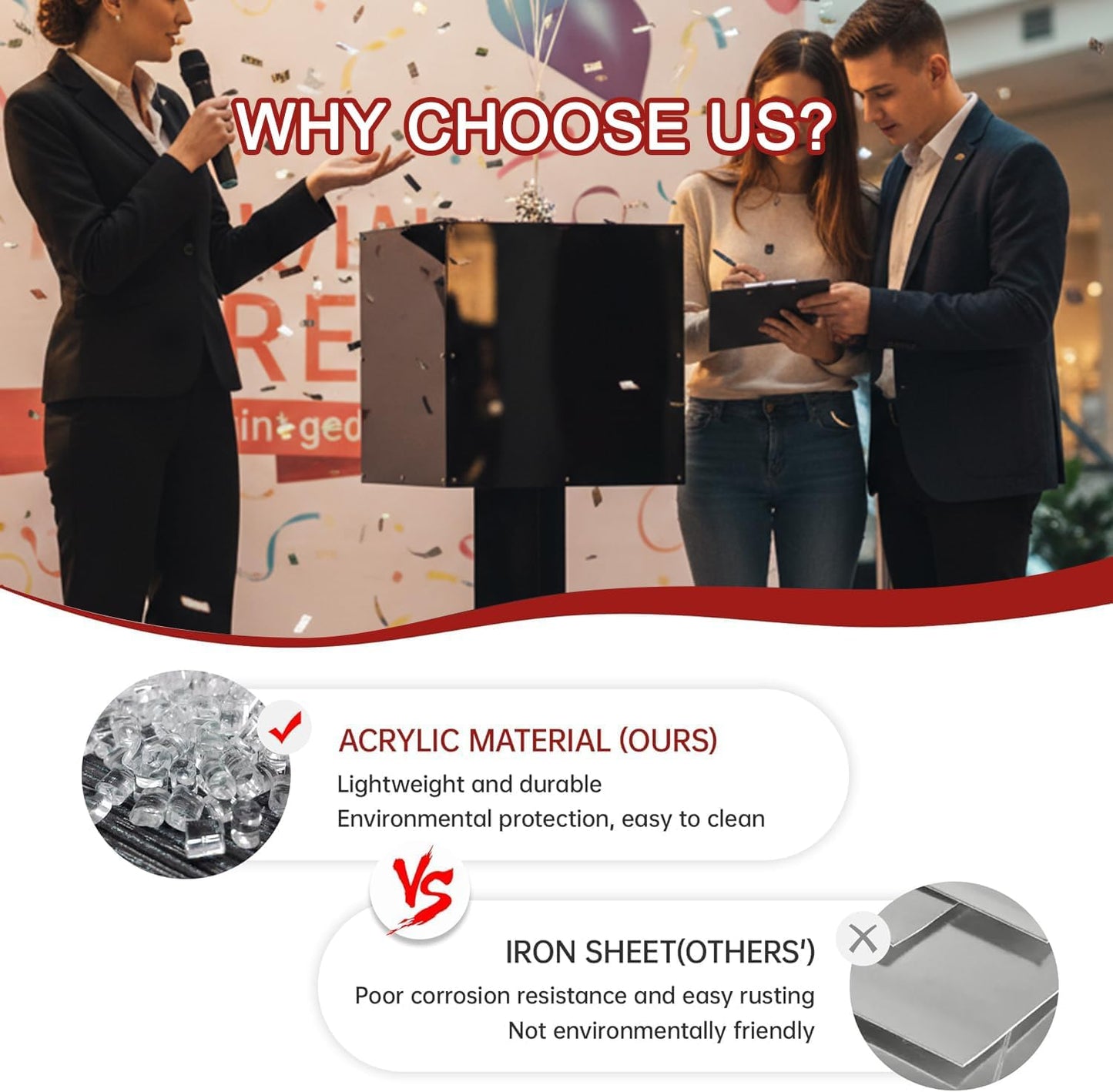 Extra Large Acrylic Raffle Box with Mobile Base & Locking Casters, 39.6" Tall, 13.8" Cube, Thickened Ticket Box with Lock for Lottery Games, Bingo, Raffle Balls