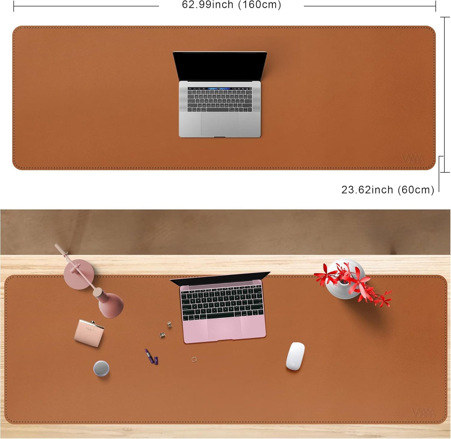 Vyaaa Desk Mat on top of Desks, 63" x 24" PU Leather Desk Mat, Large Desk Blotter Pad for Office, Home, Gaming, Computer, Laptop, Keyboard and Mouse - Light Brown