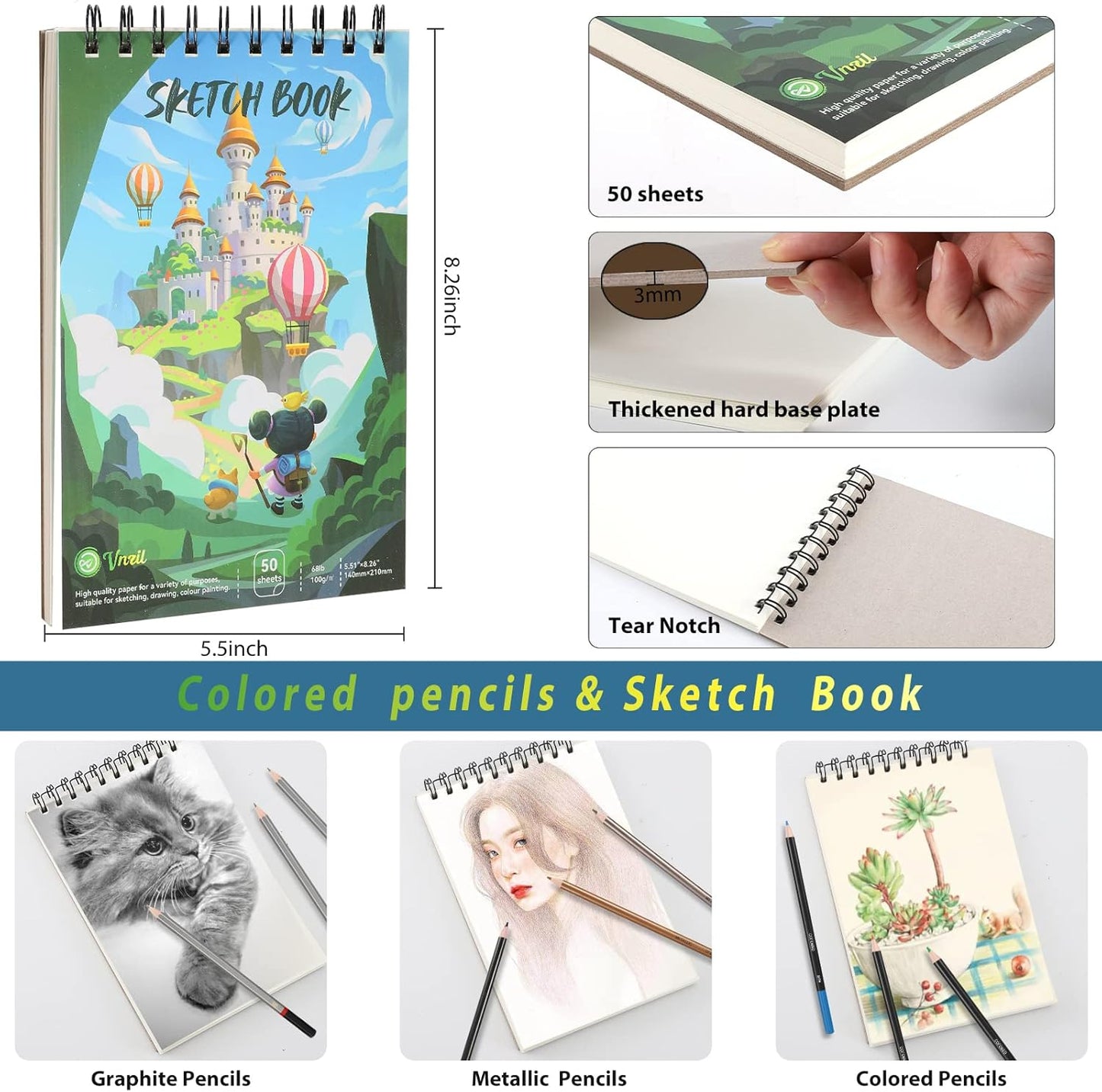 Vnzil 72 Pack Drawing Set Sketching Kit, Art Supplies for Artists, Beginners, Adults, Teens, Premium Art Kit with 50 Sheets Sketch Book, Colored, Watercolor, Metallic, Graphite, Charcoal Pencils