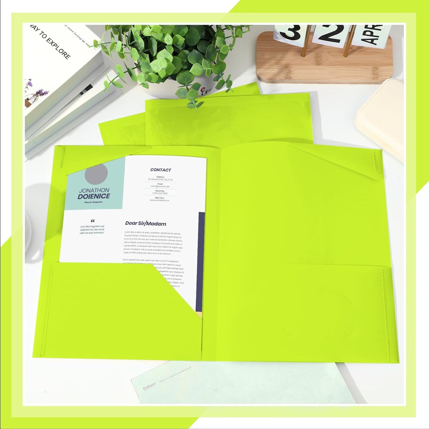 Henoyso 60 Pcs Plastic Folders with Clear Front Pockets Heavy Duty File Folders with 2 Pockets and Card Slot for Student Communication School Office Presentation Report (Fluorescent Green)