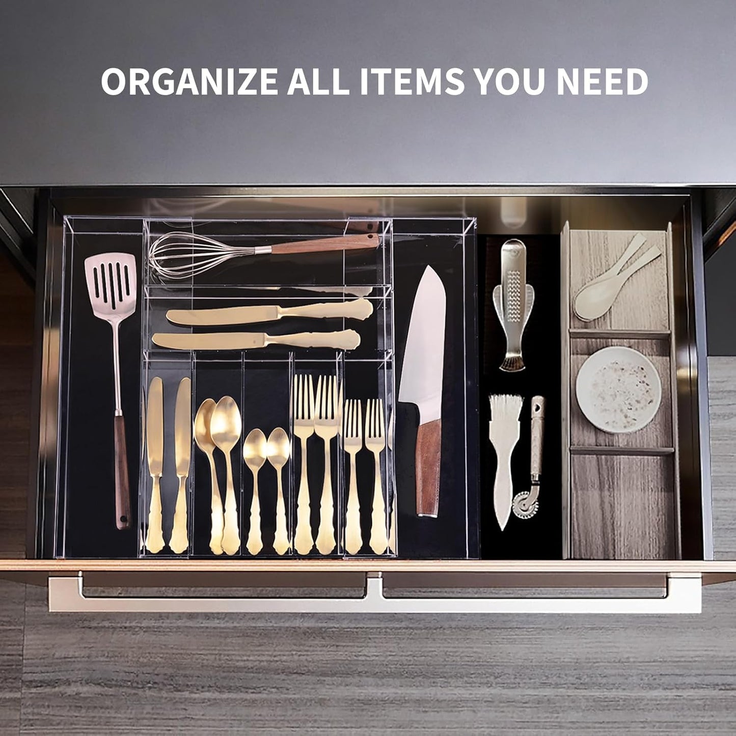Clear Acrylic Drawer Organizer for Kitchen Utensils and Flatware, Adjustable Silverware Tray with 9 Compartments for Drawers, Office, and Bathroom Storage