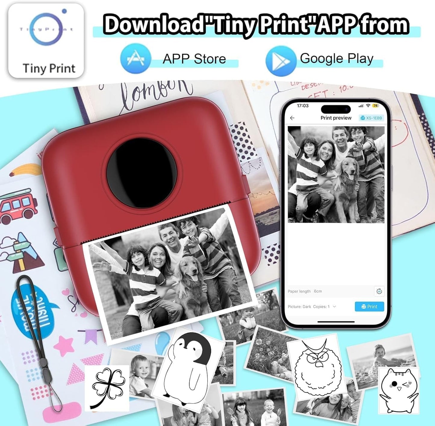 HuiJuKeJi Mini Sticker Printer Bluetooth Smart Pocket Inkless Thermal Printer with 11 Rolls Thermal Paper and Sticker for iOS&Android, Portable Receipt Printer for Photo Note Memo (Brown red)