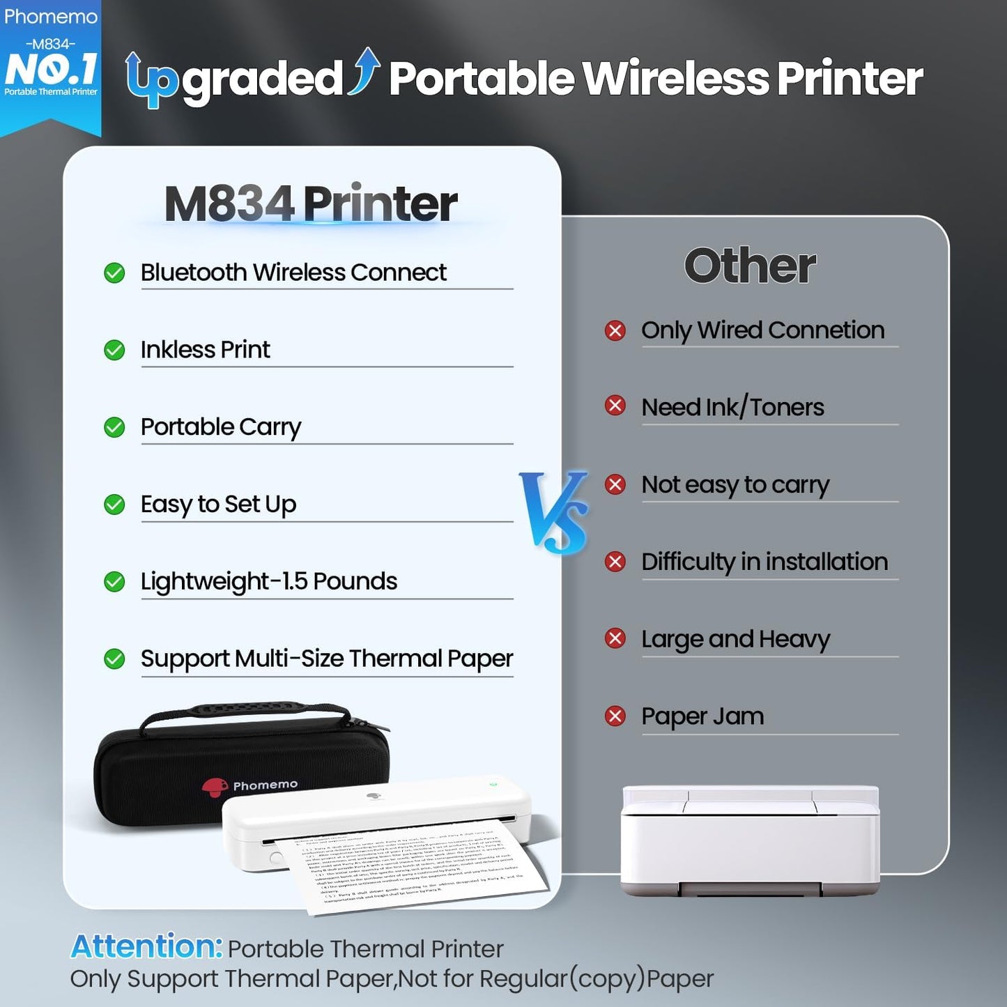 Phomemo Portable Printers Wireless for Travel [Upgraded],M834 Bluetooth Thermal Printer 8.5" x 11"& A4 Size,Inkless Mobile Printer with Carry Case for Travel,Office,School,Car,Home,White