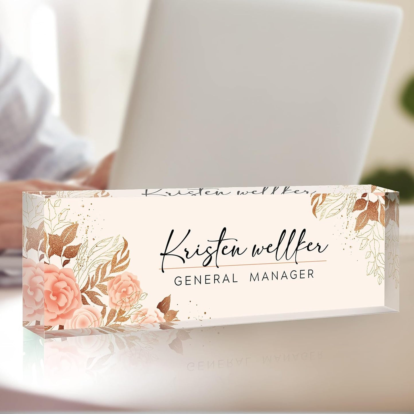 Desk Name Plate Personalized, Premium Pink Golden Hibiscus Flowers Acrylic Desk Name Plate, Personalized Name Plate for Desk, Office Decor for Women or Men Coworkers, Boss, Employee, Teacher