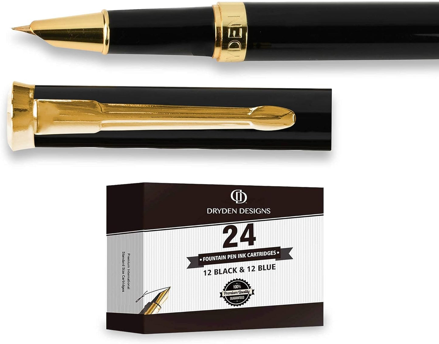 Dryden Designs Fine Nib Fountain Pen - Includes 24 Ink Cartridges - 12 Black and 12 Blue - Black - Smooth Elegant Writing with Fine Nib and Ink Converters