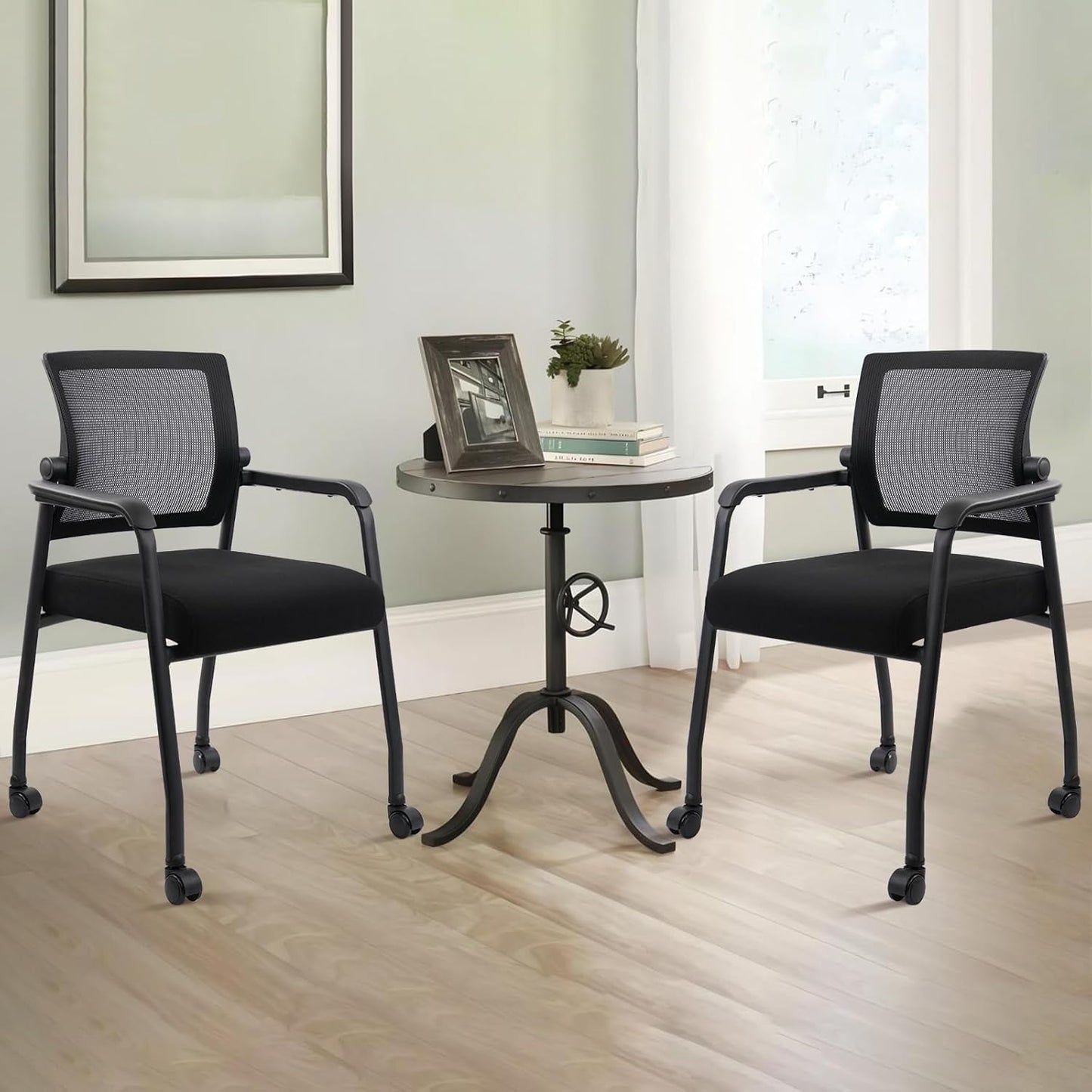 Waiting Room Chairs with Wheels, Adjustable Mesh Backrest, Desk Chair with Ergonomic Lumbar Support and Thickened Seats Cushion, 2 Pack Black