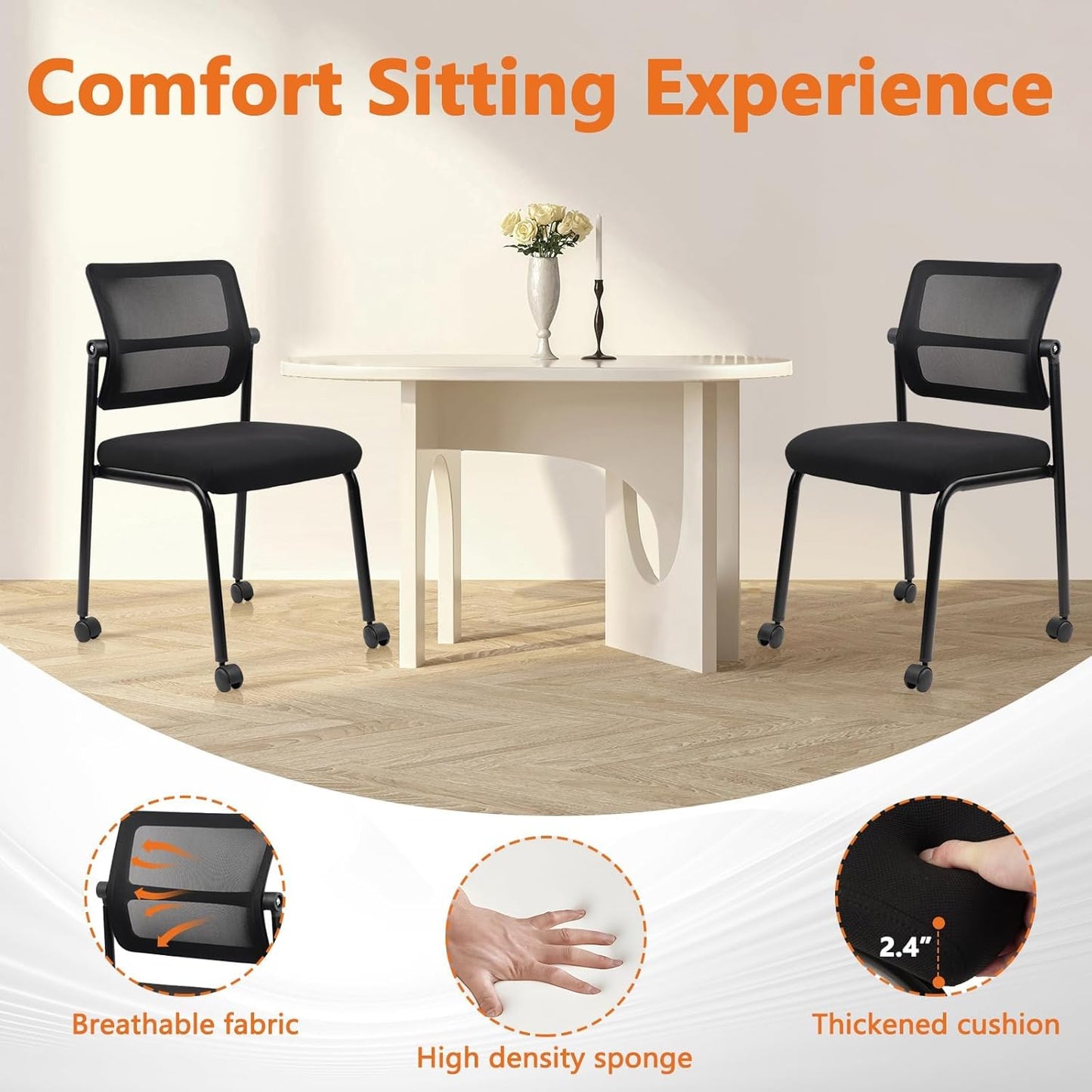 CLATINA Stacking Chairs 8 PK, Adjustable Backrest Stackable Mesh Office Waiting Room Armless Chair with Wheels for Guest Reception Conference Lobby Side School, Black