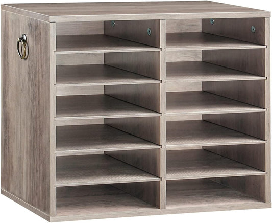 HOOBRO Literature Organizers, 12 Compartments Office Mailbox with Adjustable Shelves, Wood Countertop Literature Sorter for Office, Home, Classroom, Mailrooms Organization Greige BG12WF01