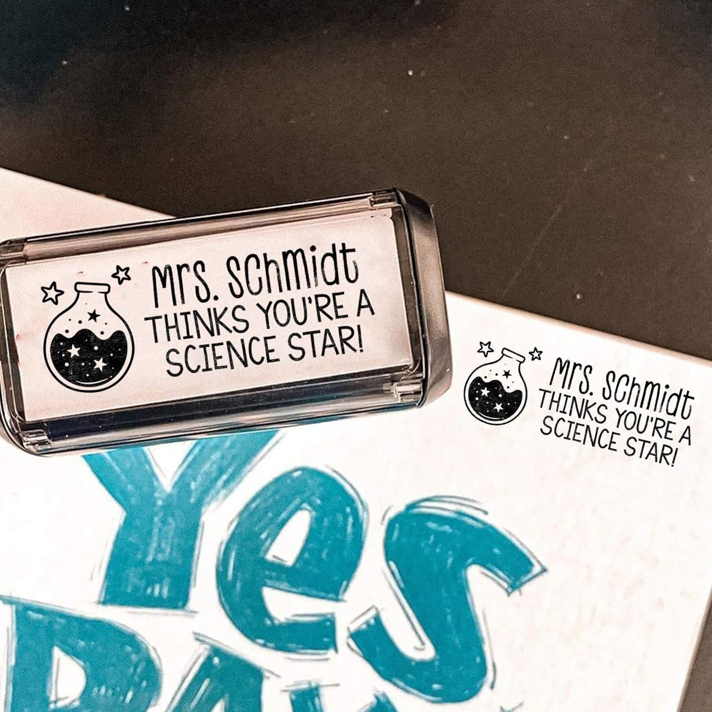 Custom Self-Inking Stamps | 49 Designs | Fun Phrases | Grading Made Easy | Classroom, Library & Book Stamps (Science Star, Large)