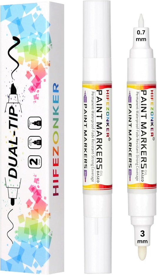 White Paint Pen Marker - 2 PCS Dual Tip Oil Based Permanent Markers, Extra Fine and Medium Tip (0.7mm & 3mm), Quick Drying, Waterproof, for Fabric