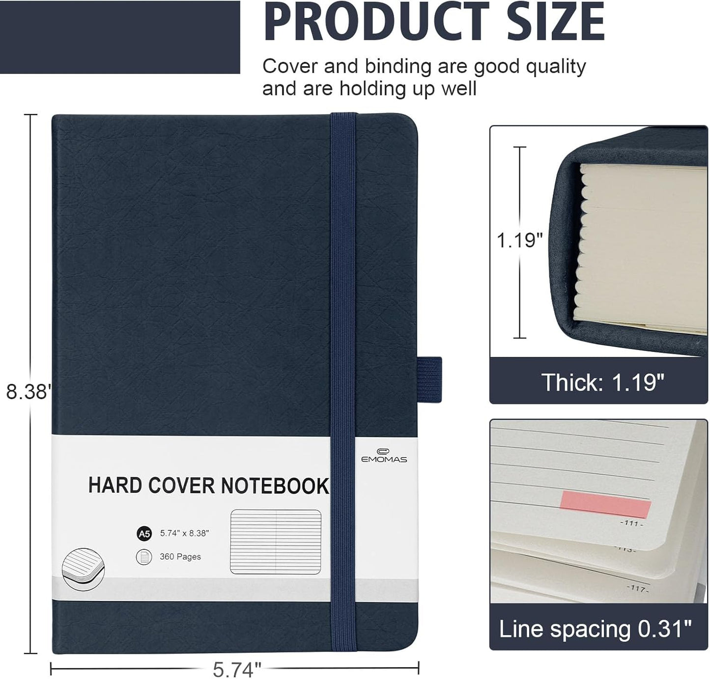 Lined Journal Notebook, 360 Numbered Pages(With page number), Thick Journal for Writing A5 College Ruled Notebook, 100gsm Lined Paper, Leather Hardcover, 5.75'' X 8.38''-Denim Blue