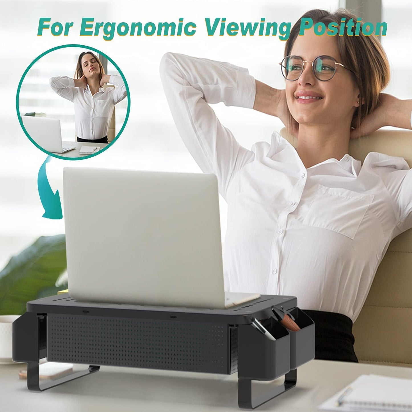 WALI Monitor Stand with Storage, Monitor Riser with Ventilation Drawer and Side Storage, Laptop Stand Riser for Desk, Printer Stands, (STT007), Black