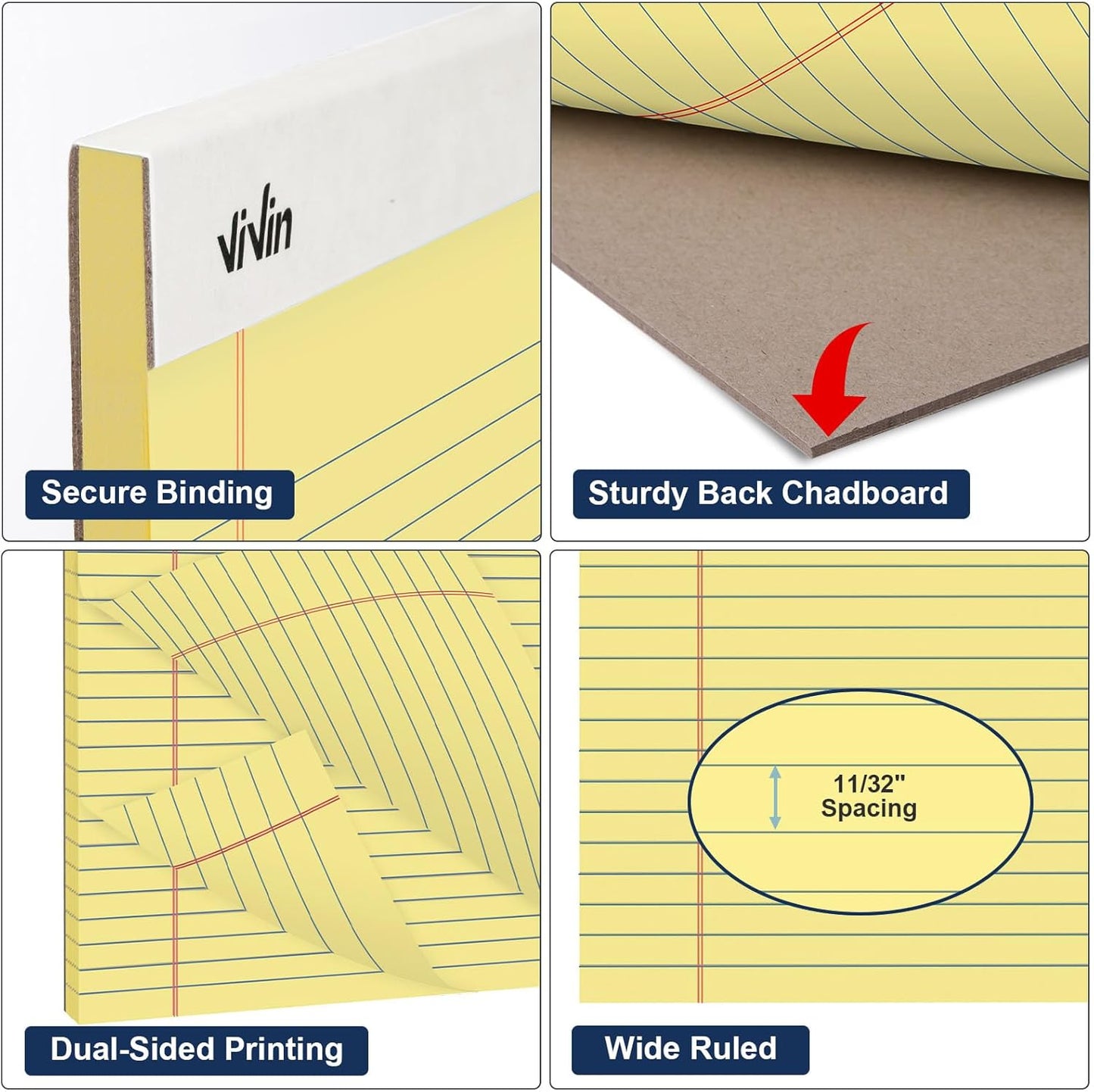 ViVin Legal Pads 8.5 x 11 Inch, Wide Ruled Note Pads, 12 Pack, 50 Sheet/Pad, Perforated Writing Pads, Notepads for Office Home School, 600 Sheets, Canary Yellow Paper