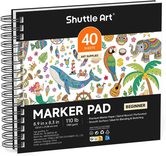 Shuttle Art Marker Pad, 8.9”x8.3” Portable Sketchbook, 40 Sheets Marker Drawing Paper, 110LB/180GSM Smooth Surface Bleedproof Art Paper, Spiral-Bound, Great for Beginners to Draw, Paint & Sketch