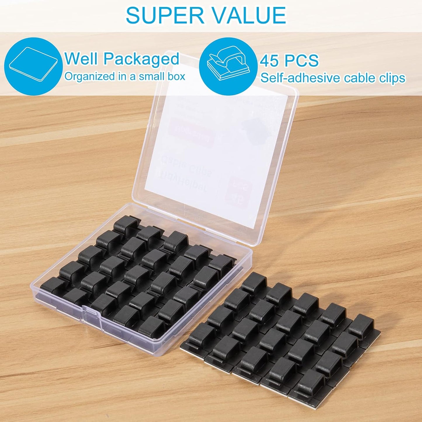 Large Adhesive Cable Clips (45 PCS, Black), Upgraded Wire Clips For Electric Wires, Cord Clips Adhesive Wire Holders For Cable Management Under Desk, Car, Wall, Extension Cord, Ethernet Cable, TV-Coax