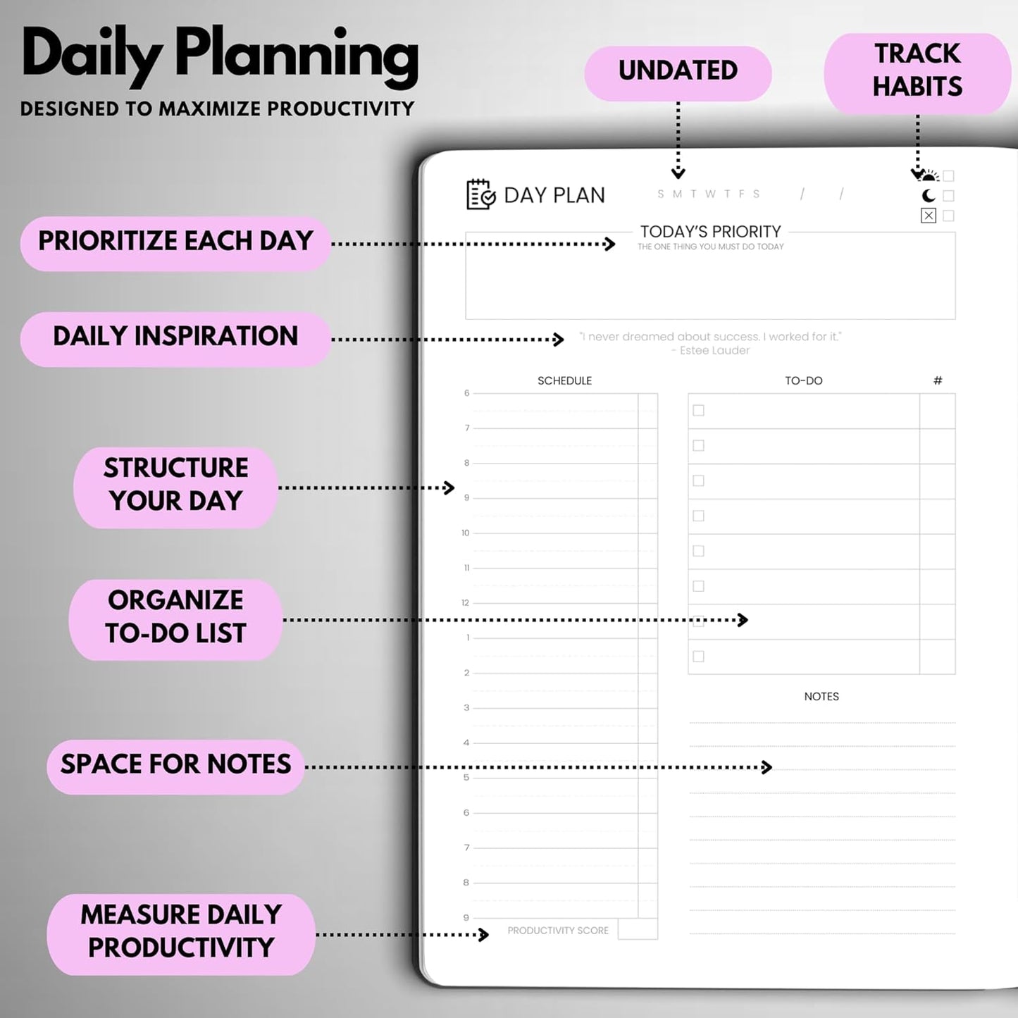 Undated Daily Planner – 6-Month A5 Productivity Organizer with Full Page Per Day, Hourly Schedule, Goal Setting, Habit Tracker, Weekly & Monthly Pages – Hardcover Time Management Notebook (Lilac)