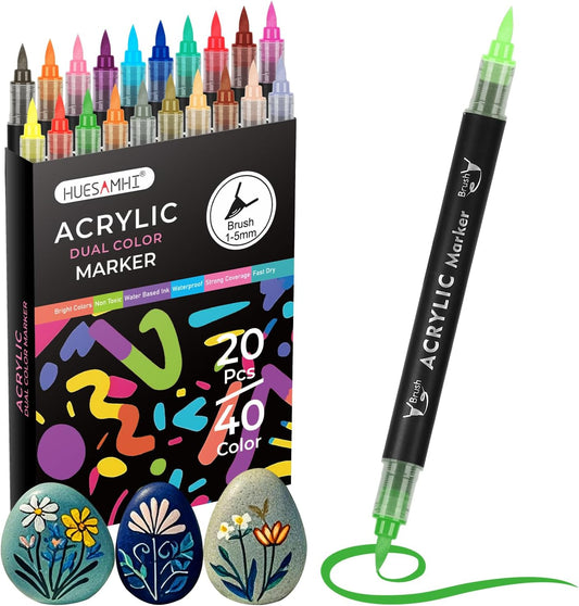Acrylic Paint Markers 40 Colors 20 PCS Dual Tip Acrylic Markers for Adult Coloring Books No Bleeding Ideal for Glass,Ceramic,Wood,Canvas,Stone,Fabric, Rock Painting, Art Supplies